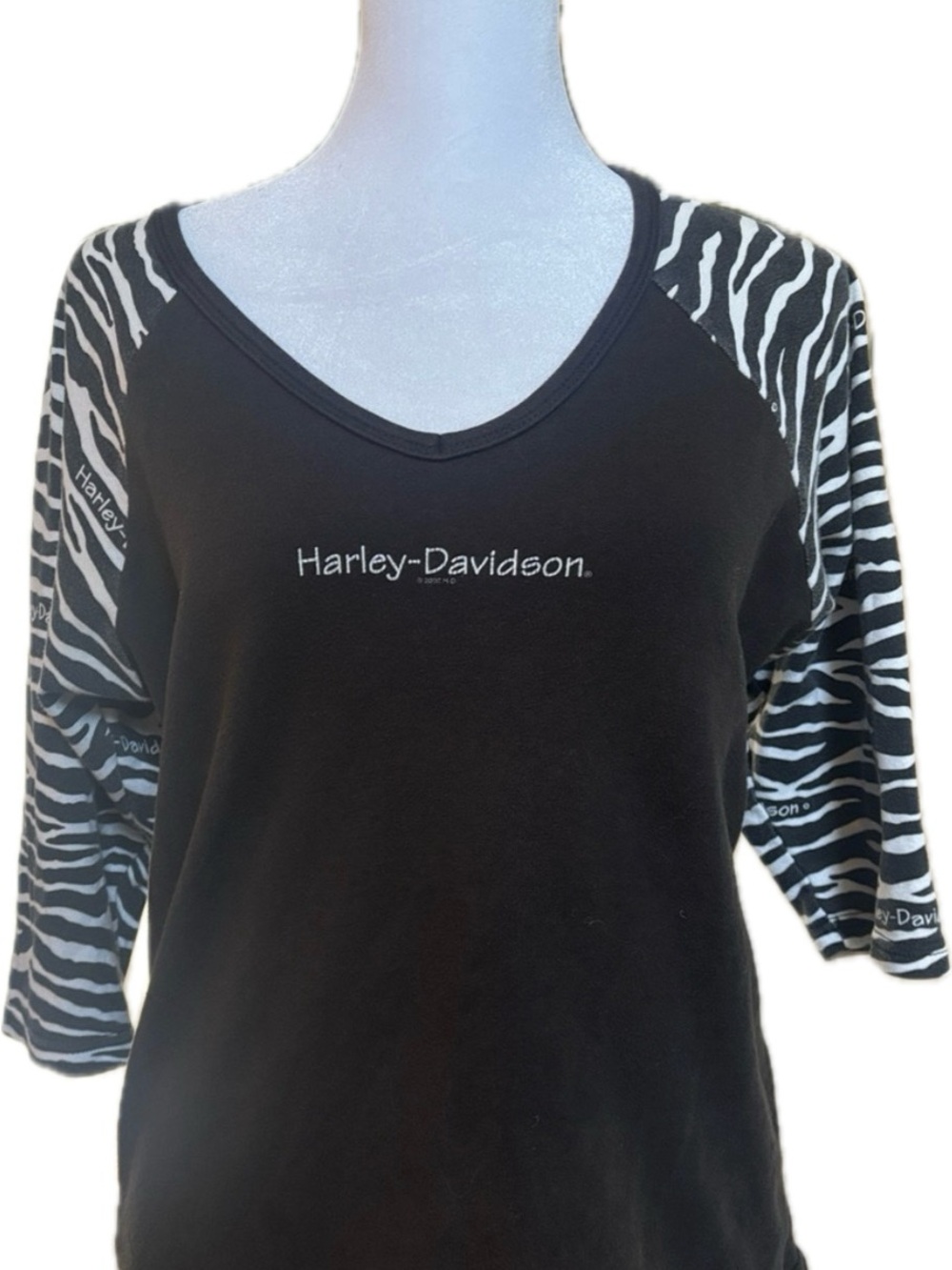 Harley-Davidson Black Top with Black and White Zebra 3/4 Sleeves